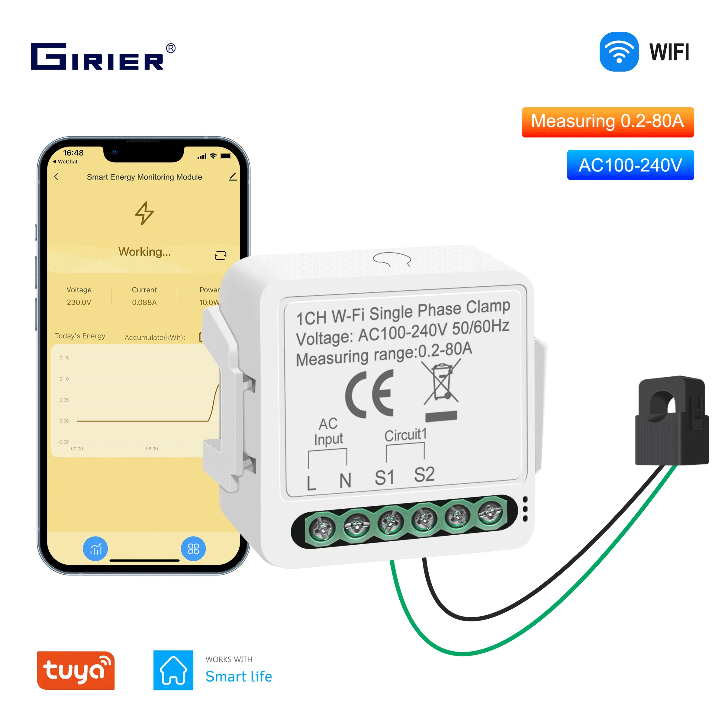 GIRIER Smart Energy Meter WiFi Power Monitor with CT Single Phase Clamp Tracking Electricity Comsumtio Solar Net Energy Metering