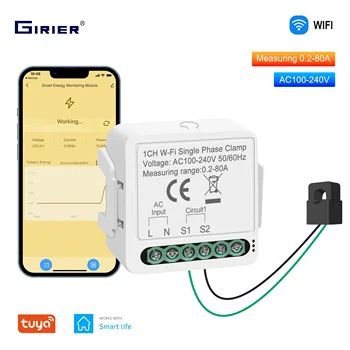 GIRIER Smart Energy Meter with CT Single Phase Clamp Monitoring WiFi Power Monitor Electricity Comsumtio Solar Net Energy Metering