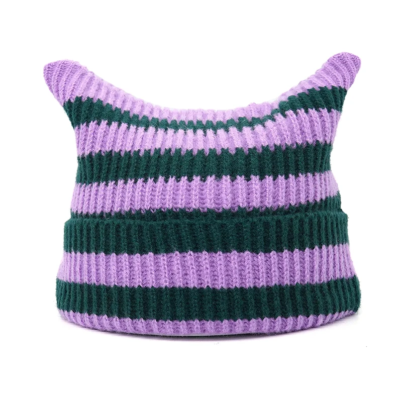 Y2K Sweethottie Striped Knit Cap for Girls Korean Trendy Ins Cat Ears Beanies Hat Personality Ear Protection Head Cap