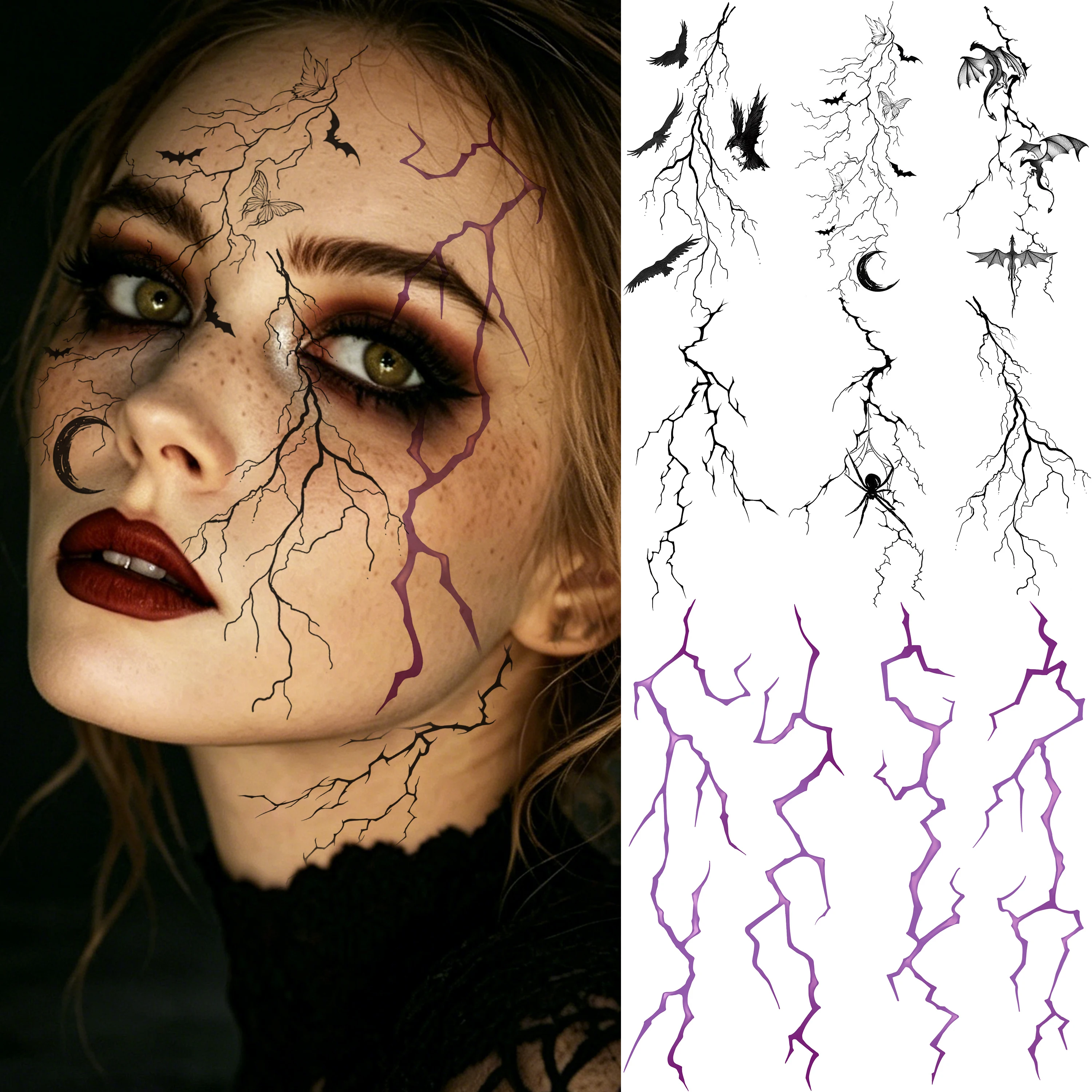 8 Sheets 3D Lightning Bolt Blood Vessels Crack Temporary Tattoos For Halloween Costume, Waterproof Fake Tattoo Sticker Last Long