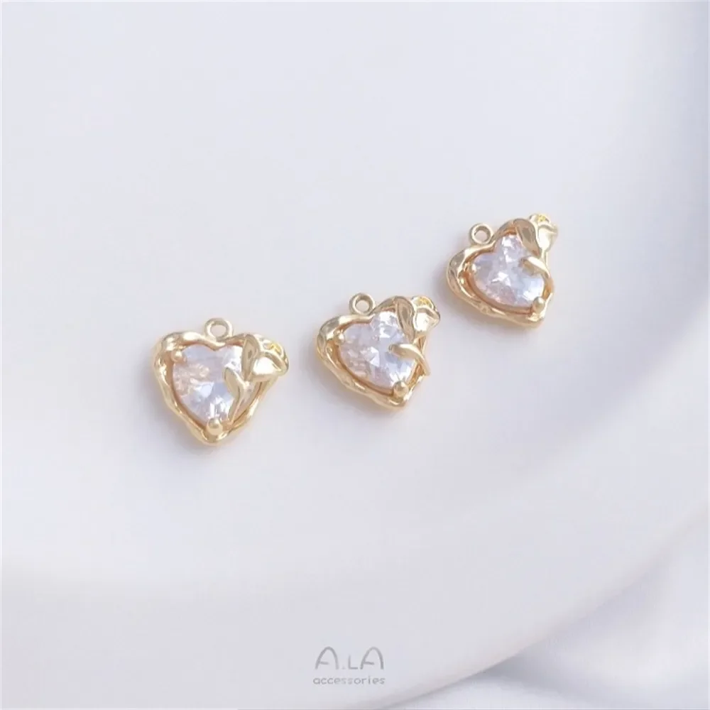 

14K Gold Inlaid Peach Heart Zircon Rose Love Pendant Handmade DIY Earrings Bracelet Jewelry Charms Pendant K474