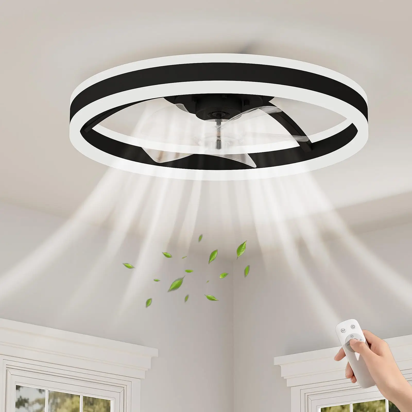 20'' Caged Ceiling Fan With Light & Remote, Dimmable Farmhouse Fandelier, Quiet DC Flush Mount For Kitchen Bedroom