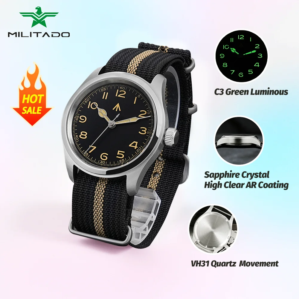 

Militado ML08 Роскошные часы Мужские VH31 Кварцевые часы с сапфировым стеклом Светящиеся полевые часы Антибликовые часы 38 мм