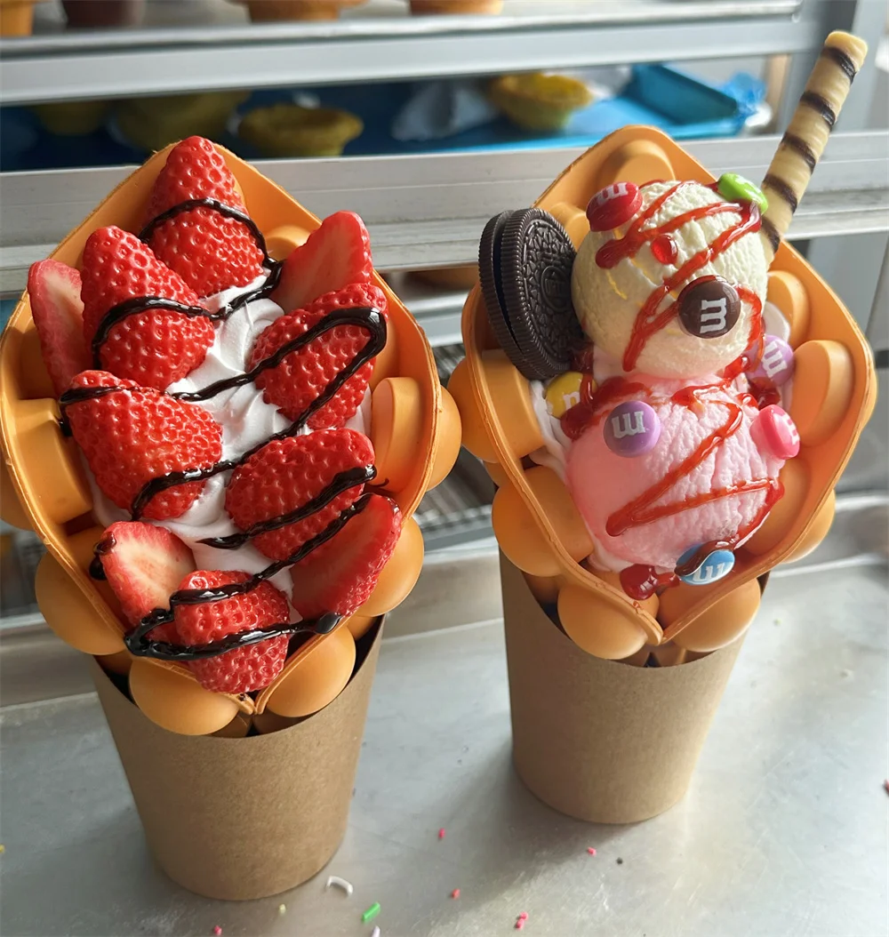 2pcs Set Sweet Sugar Ice Cream Scoop Strawberry Chocolate Sauce Cream Street Snacks Cart Market Sales Model Gift Bubble Waffle