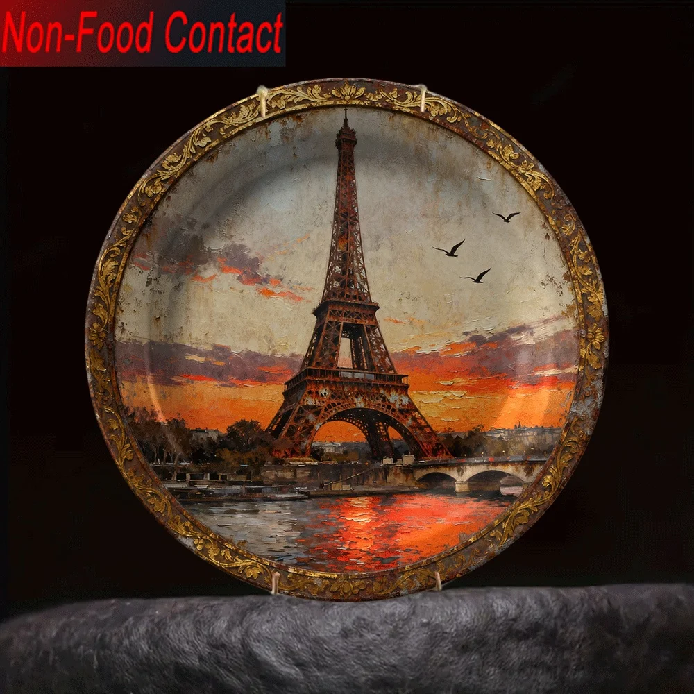 1pc Paris France Eiffel Tower Ceramic Decorative Plate - Golden French-Inspired Ornate Frame, Round Non-Food Contact Serving