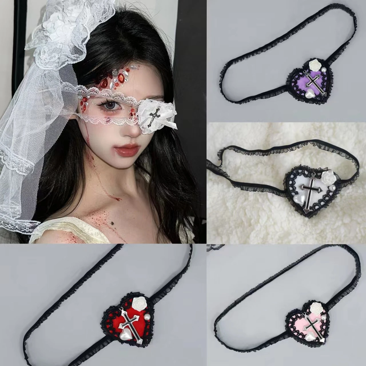 

Lolita Anime Lace Eye Patch Cross Gothic Comfortable Eyewear ,Headdress ,Necklace Halloween Cosplay Party Accessories