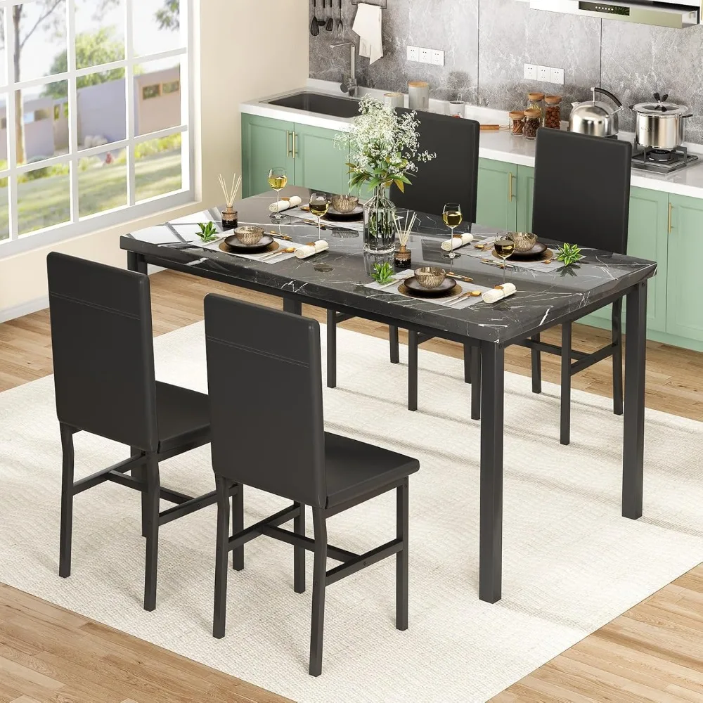 Conjunto de mesa de jantar para 4, conjunto de cadeiras de mesa de cozinha moderna de 4, conjunto de mesa de sala de jantar de mármore falso com 4 cadeiras de couro PU,