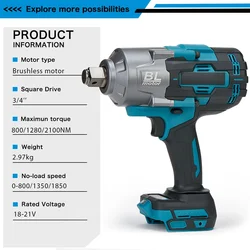 Noreter Brushless Cordless Electric Impact Wrench Rechargeable Wrench Power Tools Compatible For Makita 18V(Battery)