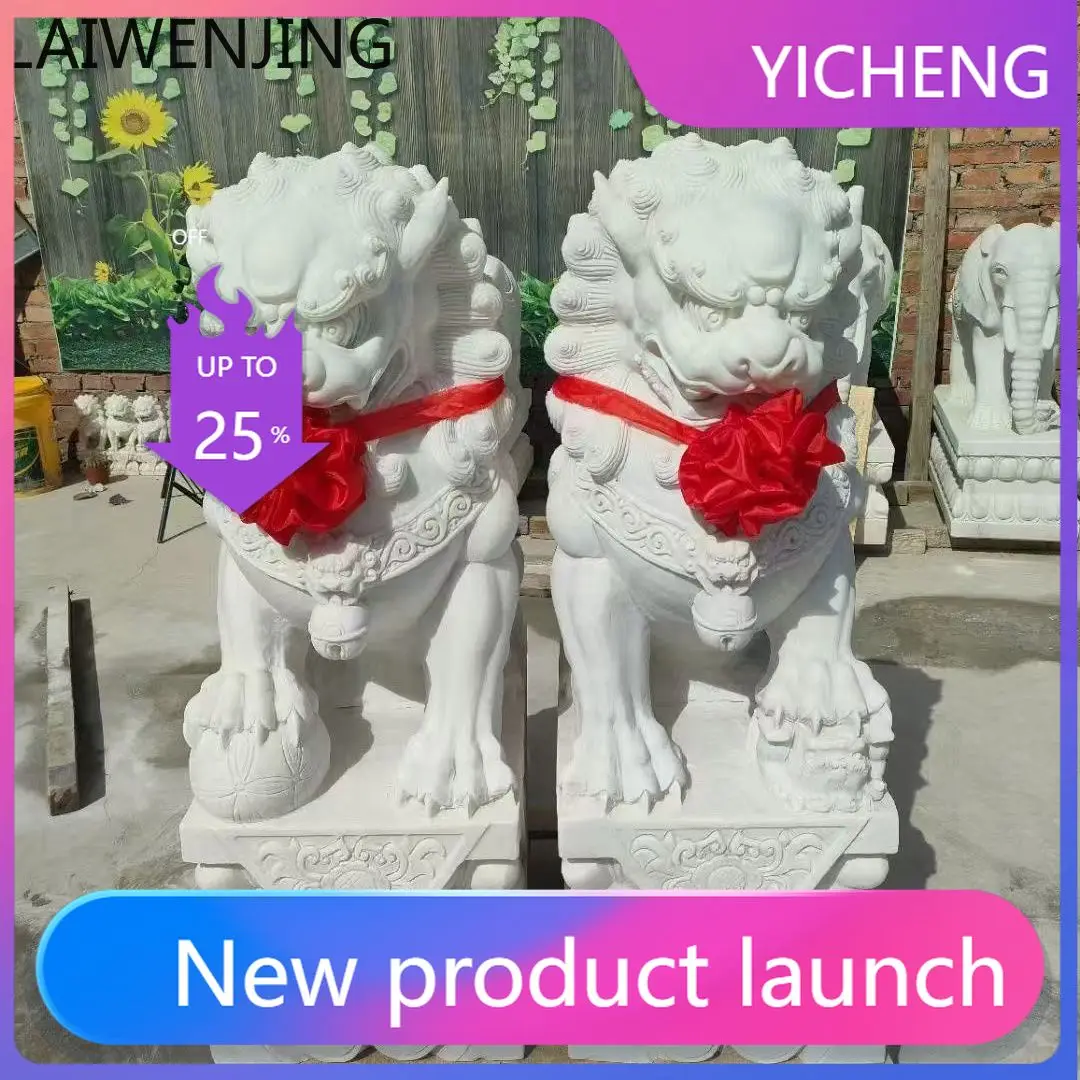LYY  White Marble Stone Lion Pair Stone Carving Suitable for Placing as Wealth-Attracting Ornament