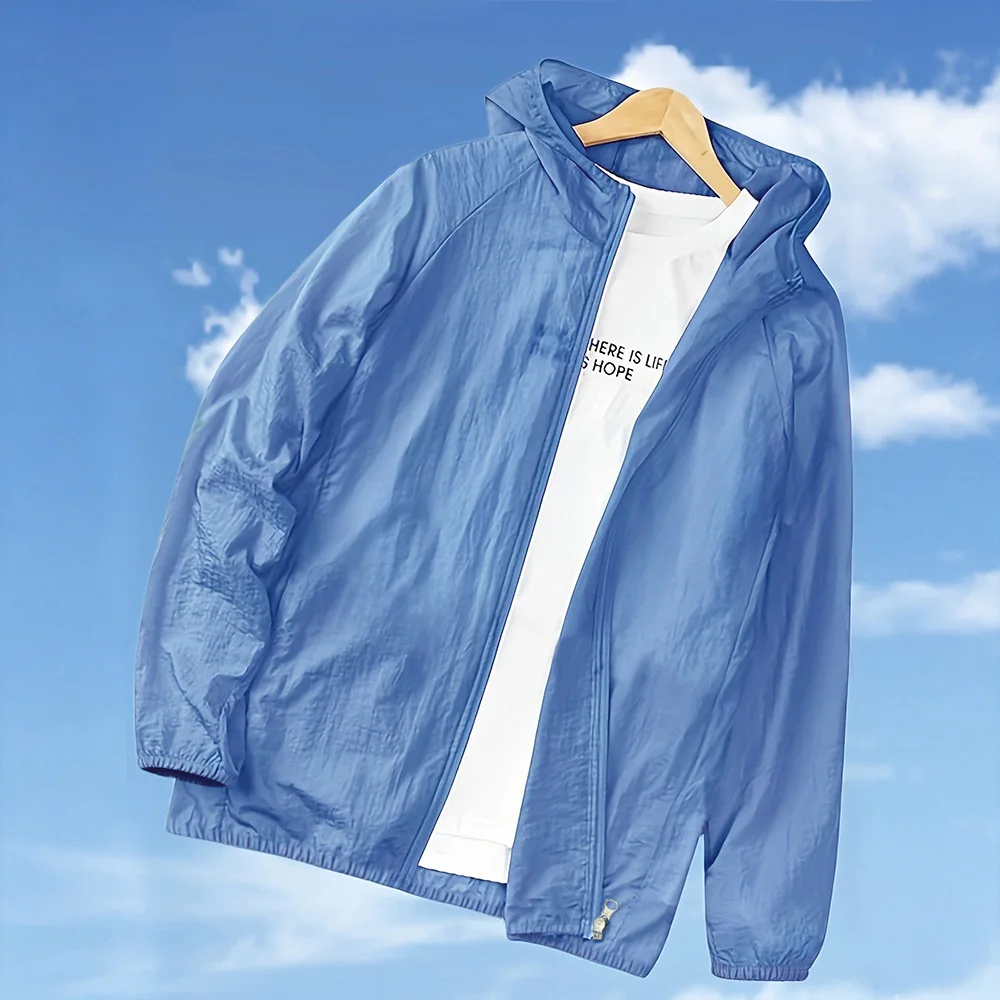 Sommer-Hautjacken für Herren, leichte, schnell trocknende, einfarbige Oberbekleidung mit Kapuze und Reißverschluss, Sonnenschutz, Kleidung aus Eisseide, Fahrradjacke