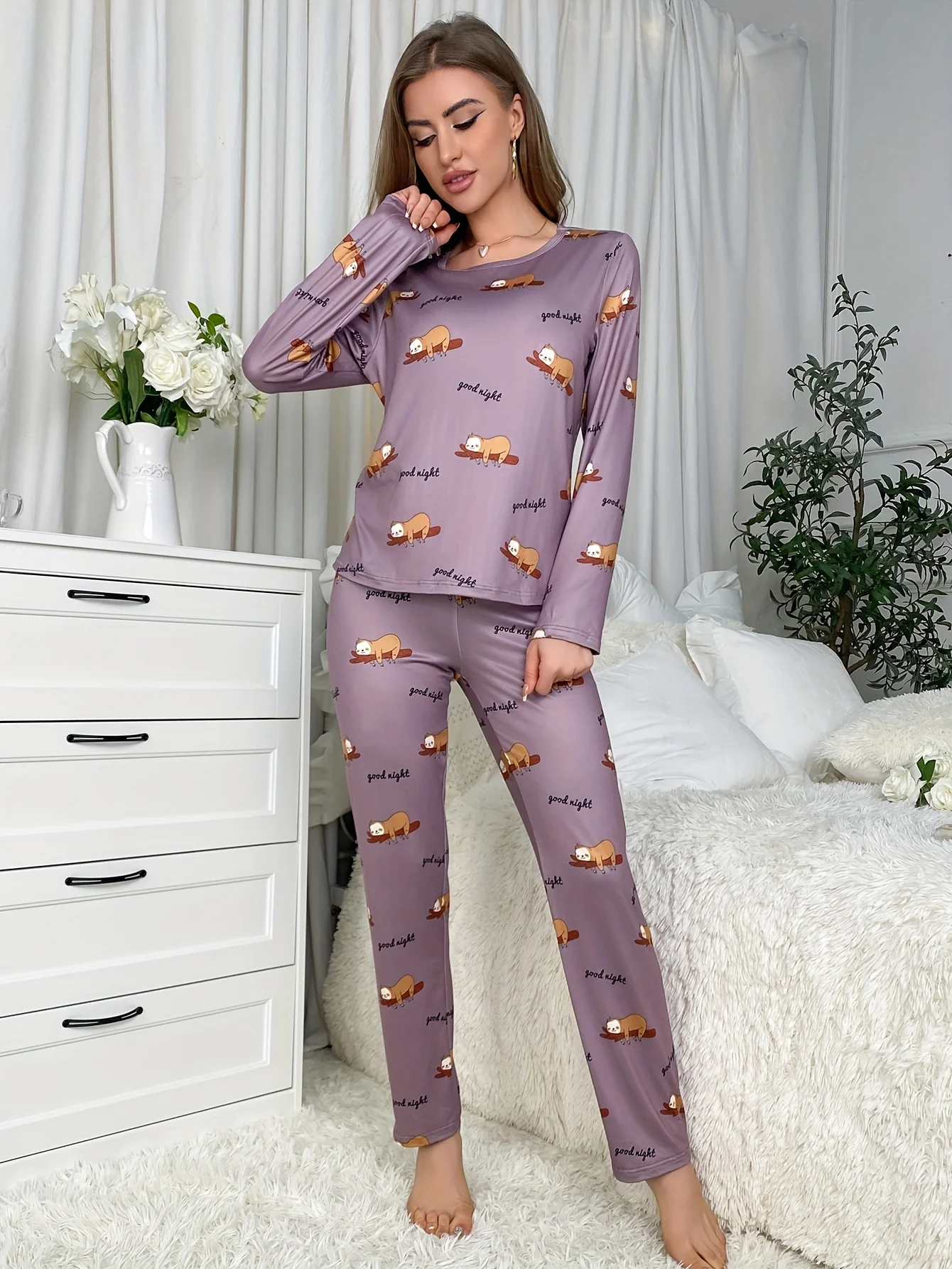 Women\'s new style casual pajamas set cartoon long sleeves and pants two sets of cute home wear