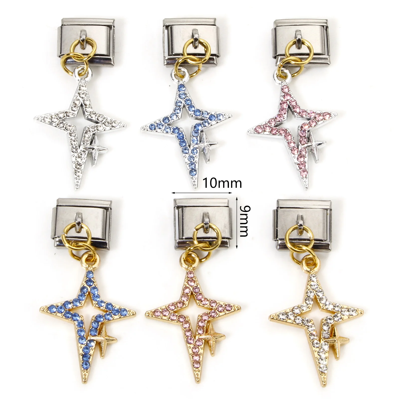 1 Piece Zinc Based Alloy & Stainless Steel Italian Charm Links For DIY Bracelet Jewelry Making Rectangle Star Charms 10mm x 9mm