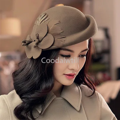 

Women 100% Wool Felt Fedoras Winter Vintage Cloche Hat With Flower Up Turn Brim Bowler Pillbox Cap Party Ladies Beret Caps