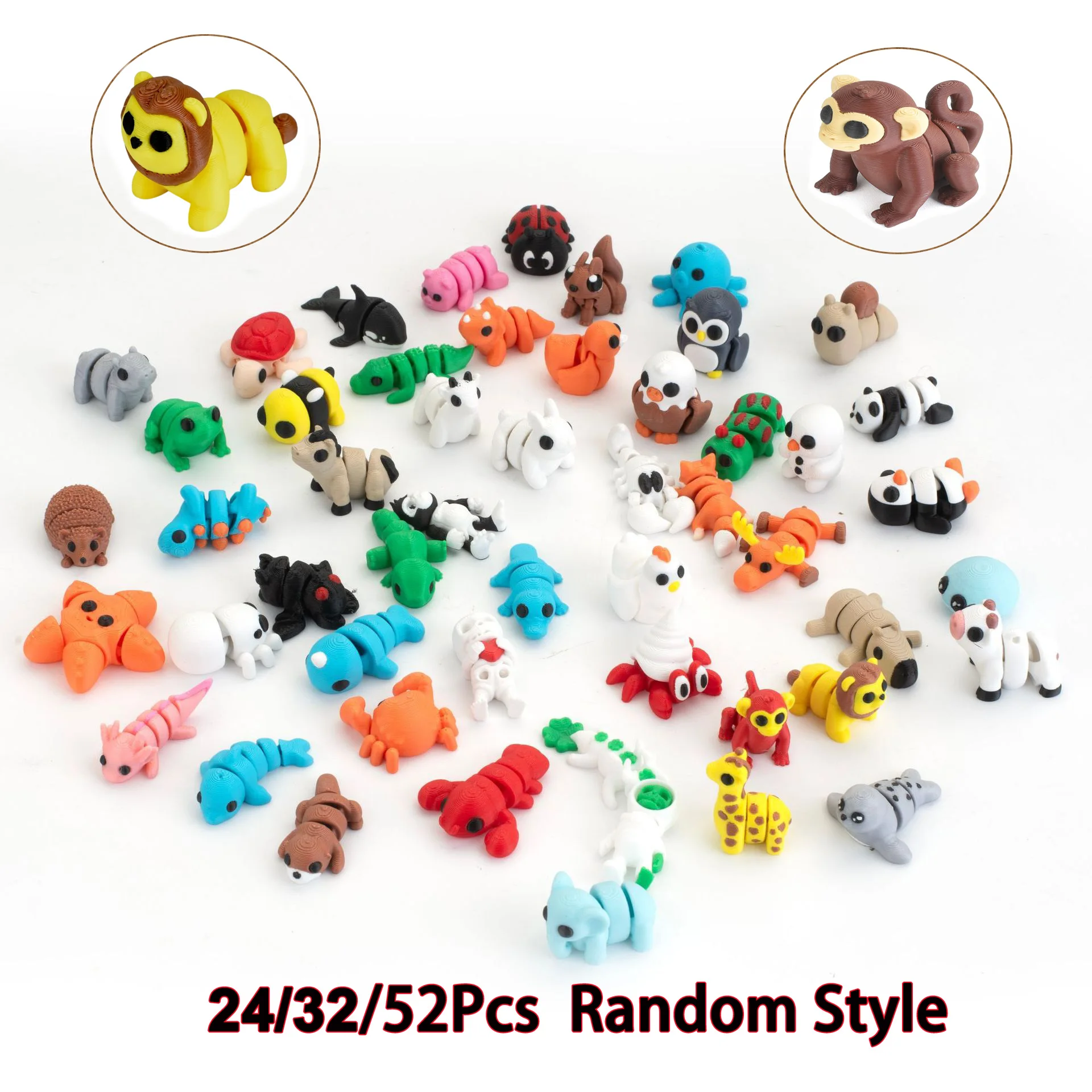 24/32/52Pcs 3D Printed Small Toy Animal Model Joint Movable Cartoon Animal Figurine Ornament Sets Home Office Desktop Decoration