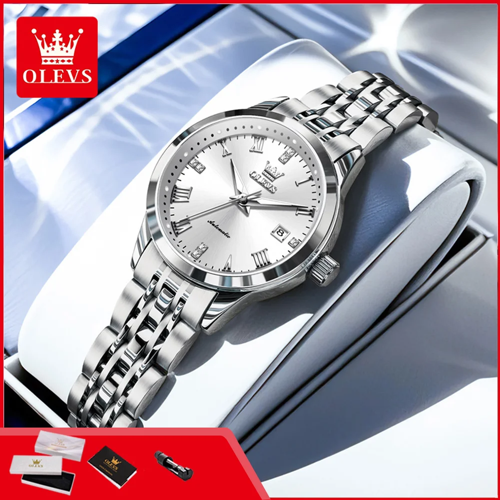 OLEVS 7062 Fashion Ladies Watch Stainless Steel Waterproof Calendar Luminous Elegant Automatic Mechanical Women's Wristwatch