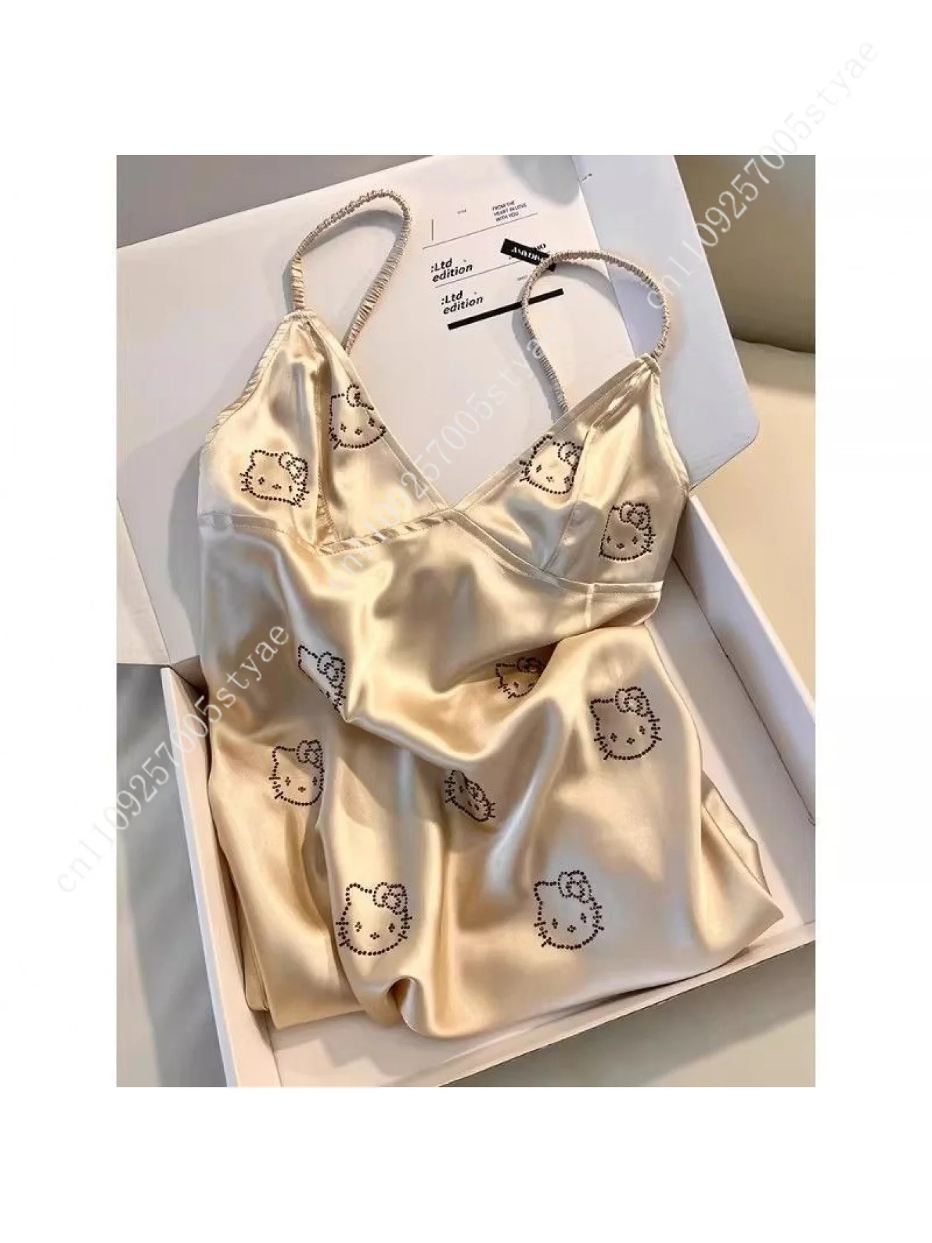Hello Kitty Champagne Satin Slip Nightgown for Women Cute Print Fringed Hem Sexy Sleep Dress Soft Loungewear for Nightwear view 5