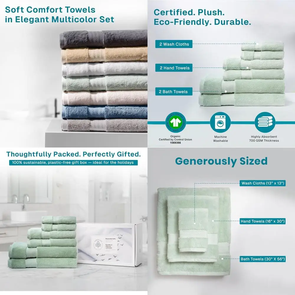 

Набор из 6 органических хлопковых полотенец - 700 GSM, роскошные, плюшевые, салонного качества, впитывающие и мягкие для комфорта в ванной комнате