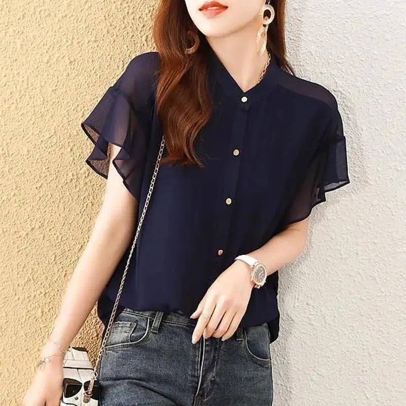 

Fashion Women Clothing Summer New Versatile Flying Sleeves Chiffon Shirt Casual Loose Solid Color Elegant Beautiful Thin Top