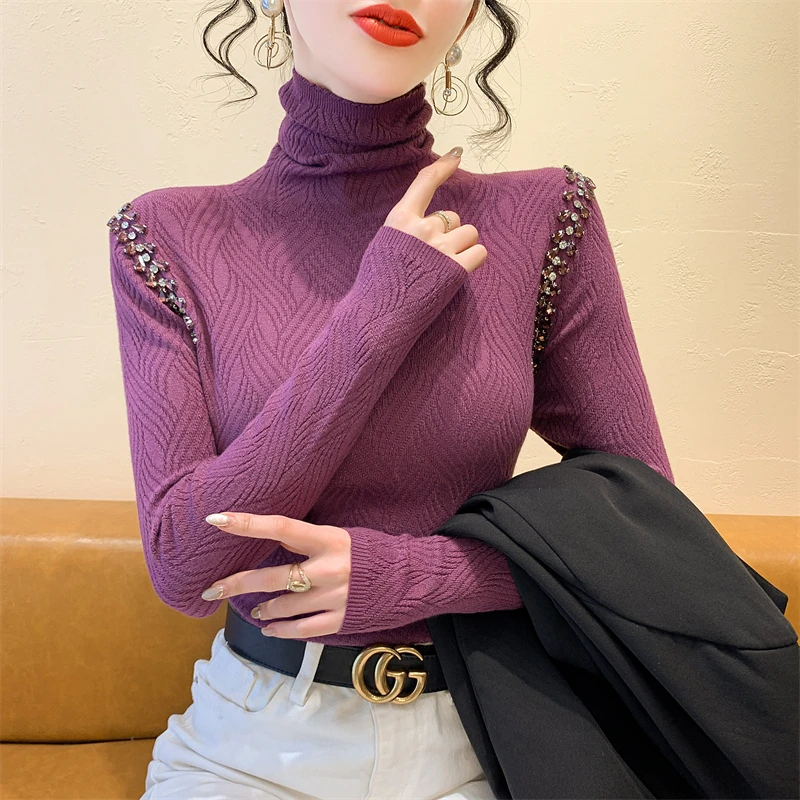Gola alta diamante camisola de malha 2025 outono inverno manga longa pulôveres femininos topos elegante moda casual malhas
