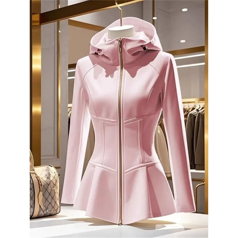 Women's Clothing Spring Coat New Hooded Short Tops Sweatshirts Jackets High-end Unique Cute Pink Sports Coat Long-sleeved Top