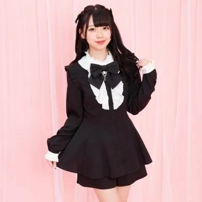 Sweet Women Outfits SC Suit Japanese Mine Plaid Long Sleeve Shirt Shorts Love Heart Bow Chain Mass-Produced Dress Culottes Sets