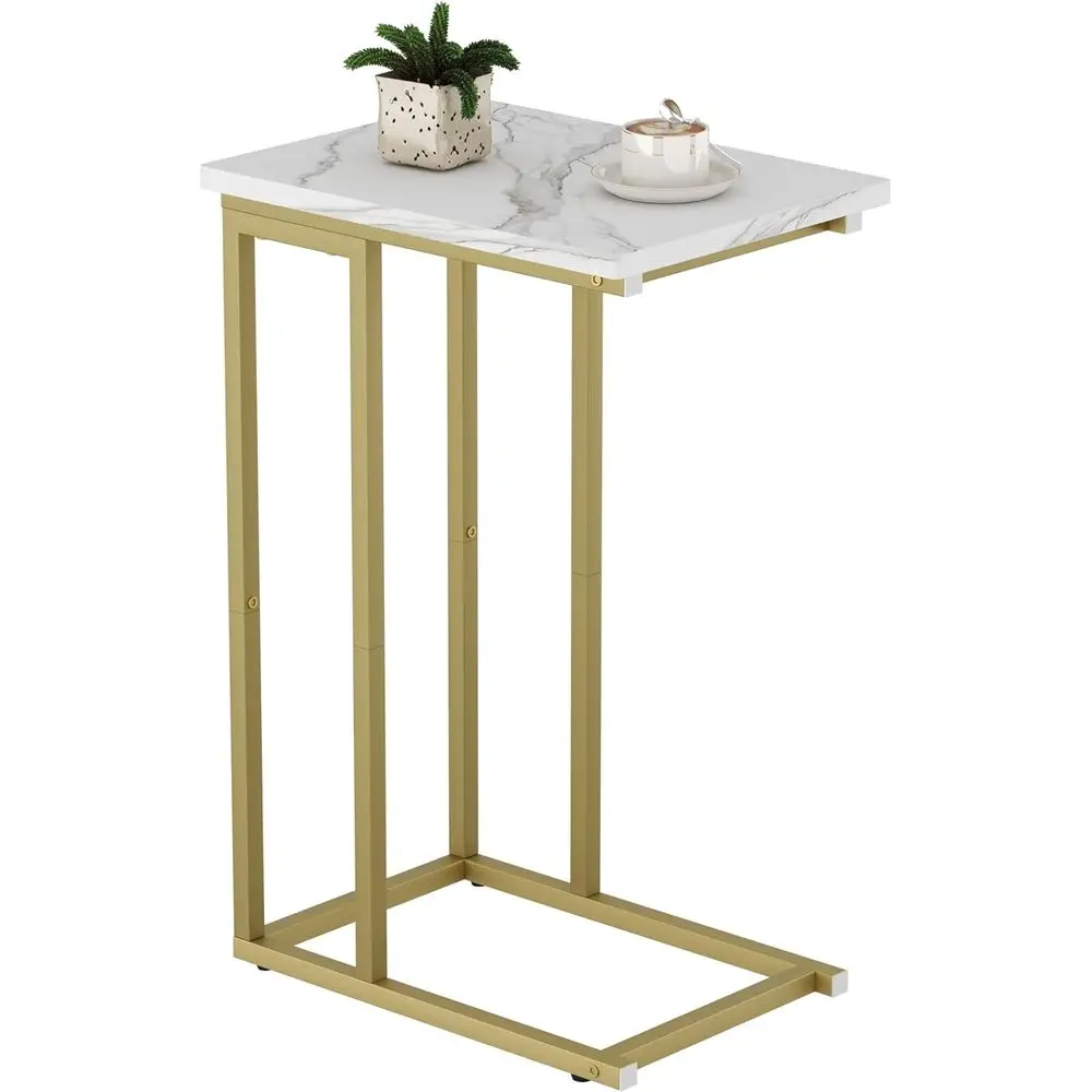 White Wooden Top Gold Metal Small C-Shaped Side Table for Living Room and Bedroom Spaces