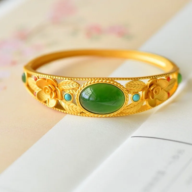 Natural Hetian jade bracelet Ancient gold craft pastoral style fashion bangles for women wedding jewelry  jade bracelet