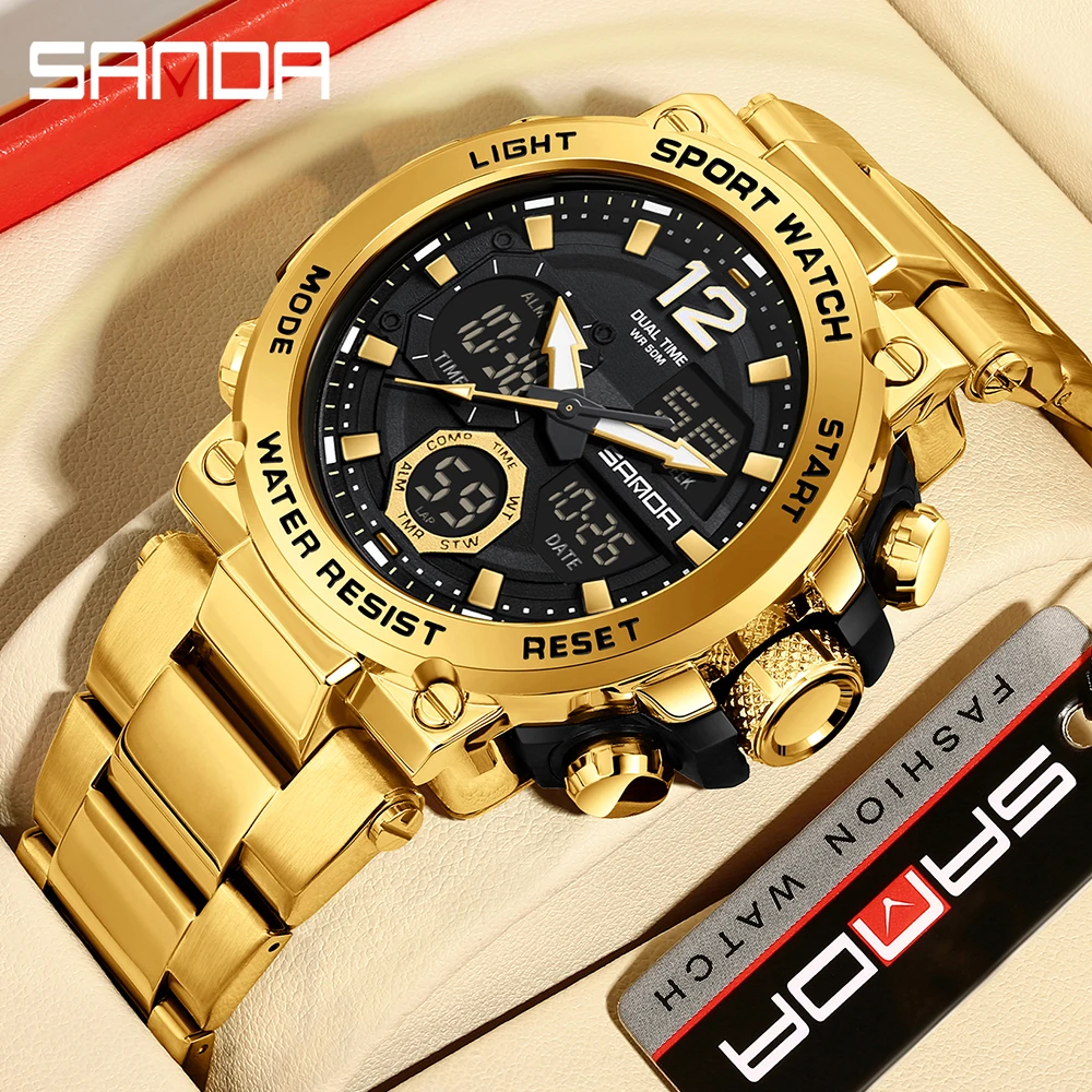 SANDA 6183 Fashion Men's Electronic Watch Personalized Cool Night Light Multi functional Waterproof Steel Strip Men's Watch 2024