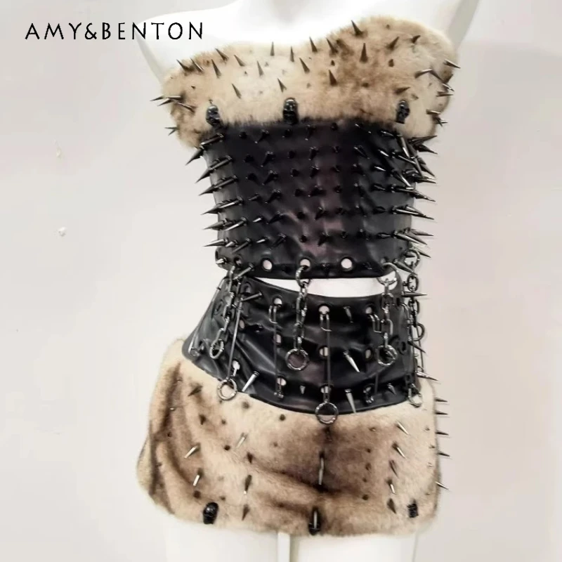 

Original Design Black Brown Patchwork Rivet Plush Women's Vest 2025 New Sweet Cool Sexy Hot Girl Fashion Short Skirt Sets Ladies