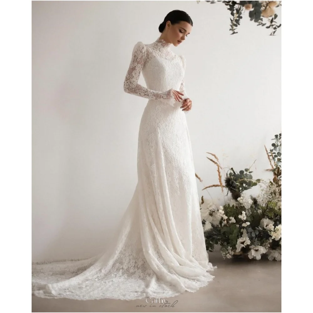 

Cathy White Flowers Lace High Neck vestidos de noche Long Sleeves A-line Party Dresses Floor-Length Customized Prom Dress 2024
