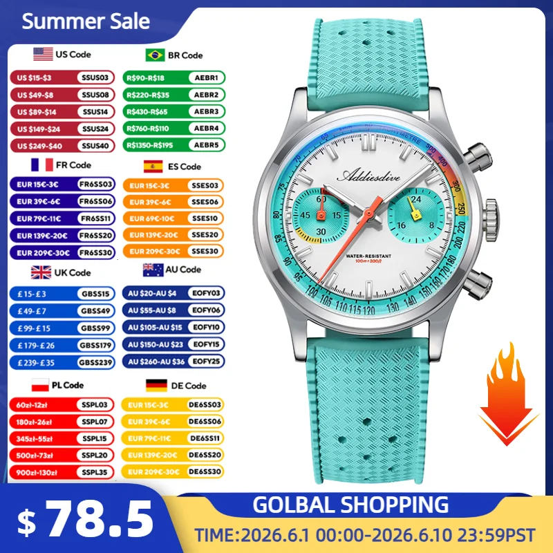

ADDIESDIVE New Men‘s VK64 Quartz Watch Chronograph Waterproof Luminous Wristwatch 38MM Dome Glass Colorful Dial Vintage Watches