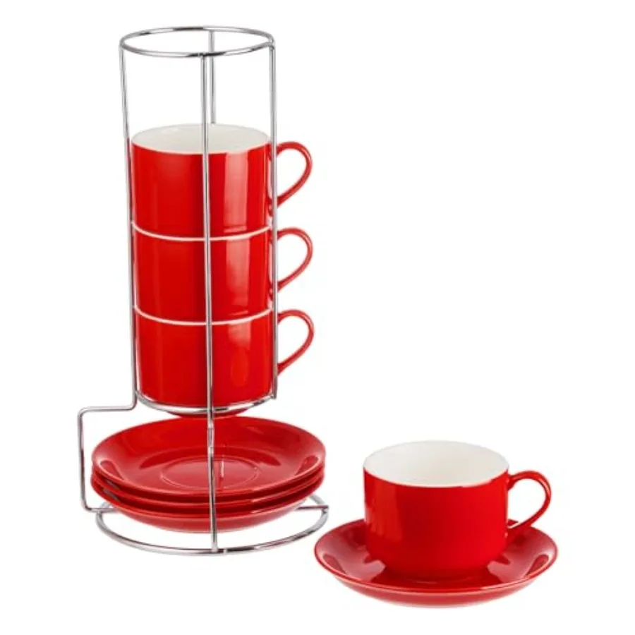

Porcelain Cappuccino Cups with Saucers and Metal Stand, Stackable Coffee Cups for Specialty Coffee Drinks, Cappuccino, Latte, E