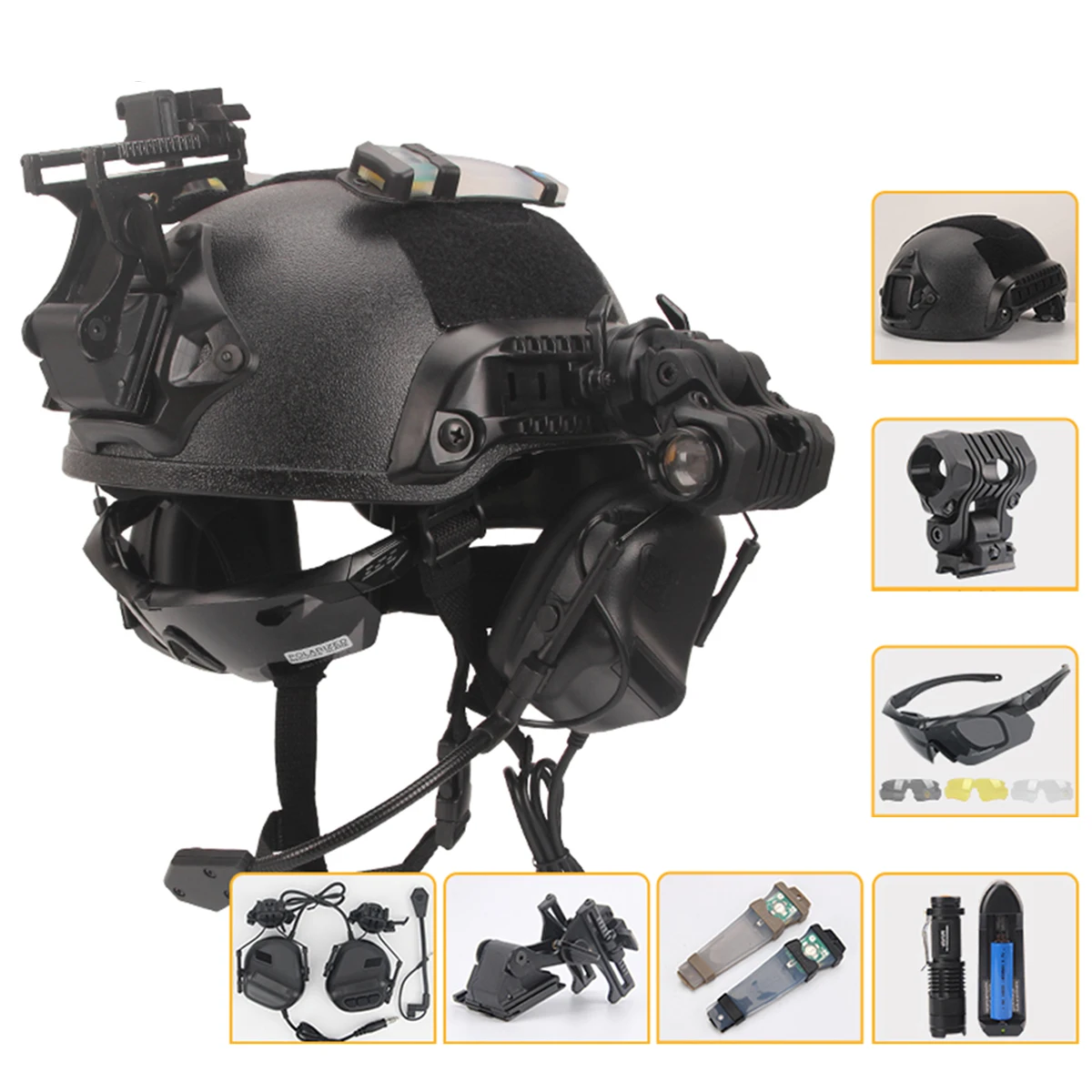 Airsoft Tactical Helmet Set with Communication Headset & NVGzhijiaw & Flashlight Suitable for Hunting, Movie And TV Props, Etc