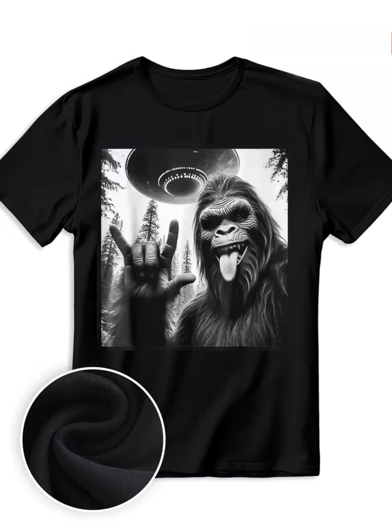 Camiseta divertida con gráfico de gorila y OVNI para hombre, diseño de simio de dibujos animados con nave espacial alienígena, camiseta negra suave 100% algodón, informal para fiestas