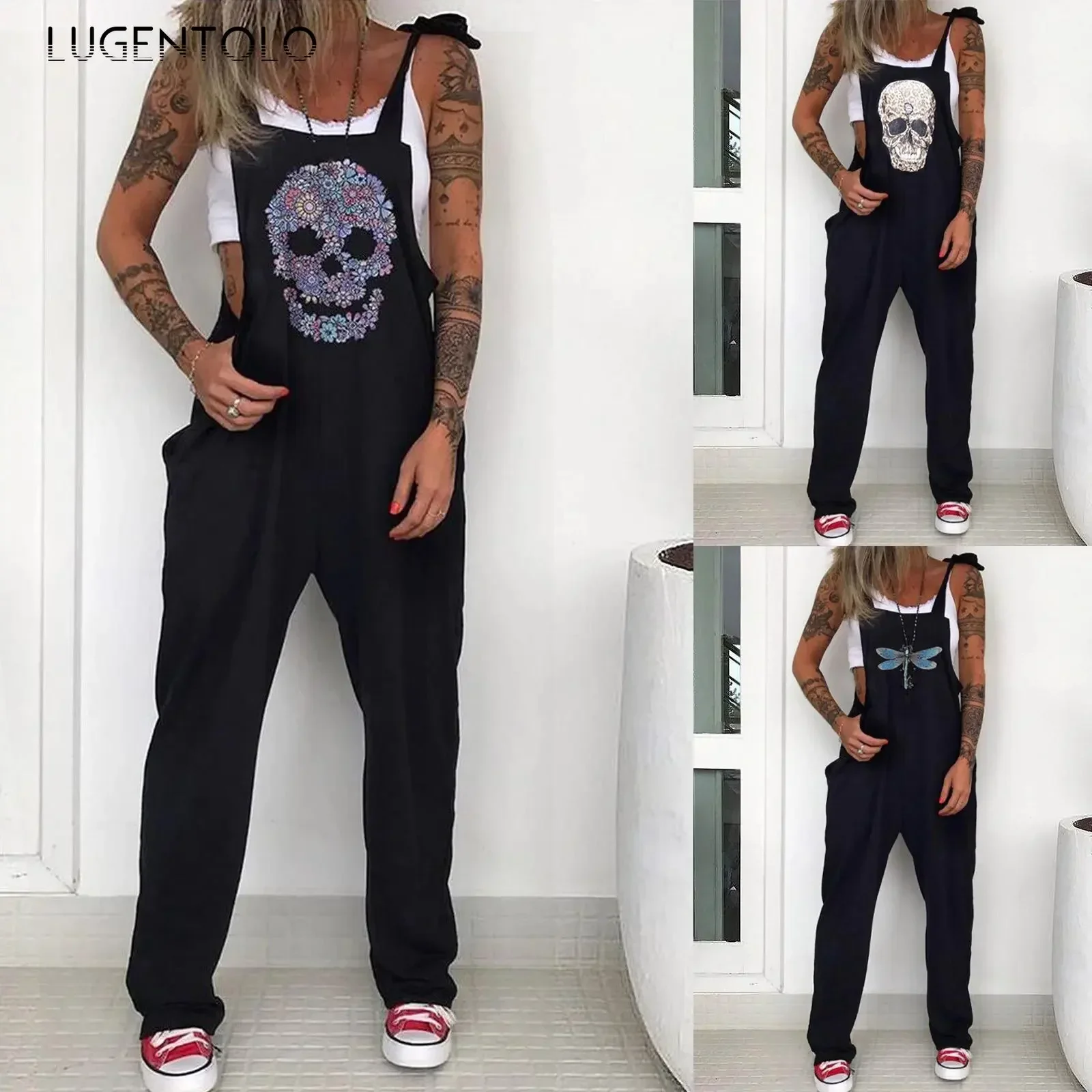 Lutenolo donna Skull Print bavaglino tuta tuta bretelle Casual primavera estate donna senza maniche nuova moda Large Size 5XL