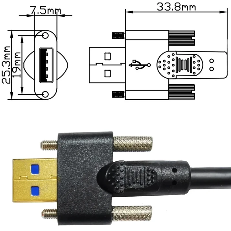 USB 3.0 A macho para Micro B macho, Ambos com Dual M3 Parafuso Locking Cable, Data Sync e cabo de carregamento, 0.3m 1m 2m