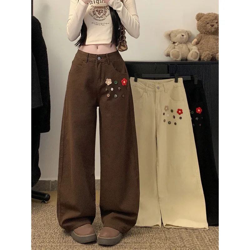 American Retro Coffee Brown Jeans Women Spring New Flower Button High Waist Loose Straight Wide Leg Denim Y2K Streetwear Outfits