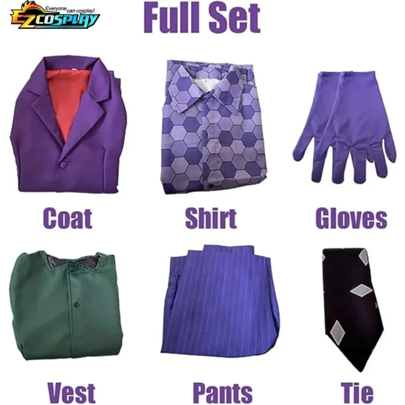 Heath Ledger Joker เครื่องแต่งกาย Dark Knight, ชุดเสื้อสีม่วงสมบูรณ์, ชุดคอสเพลย์สําหรับวันฮาโลวีน