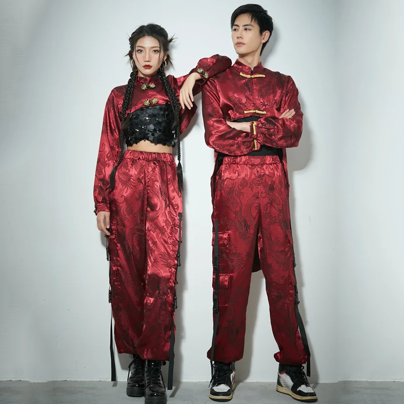 

Men Hip Hop Clothing Women Jazz Dance Costumes Red Chinese Style Clothes Adults Kpop Stage Outfits Gogo Dancer Wear XS7061