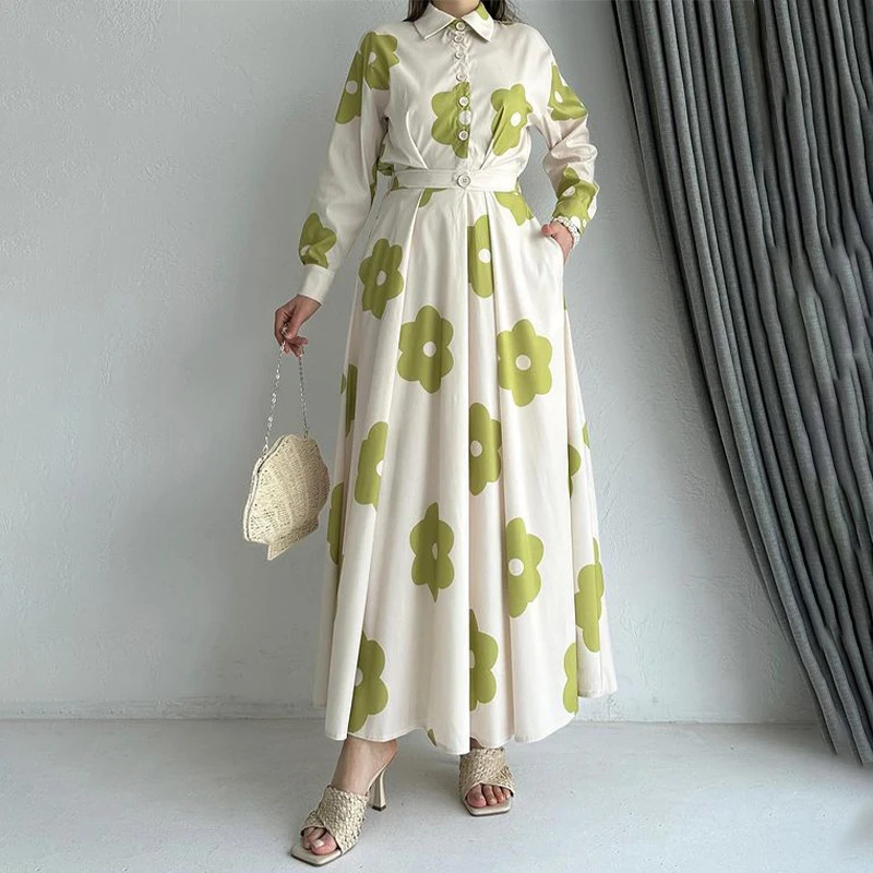 Robe Vintage Femme Polo-Neck Button Shirt Dress Women Spring Flower Print A-Line Long Dress Fall High Waist Belt Commuting Dress