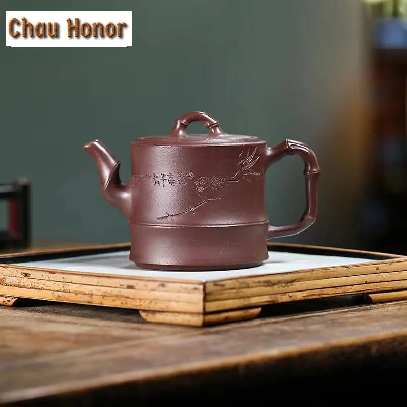 Chinese Yixing Purple Clay Teapots Master Hand Carved Bamboo Joint Tea Pot Raw Ore Purple Mud Kettle Handmade Zisha Tea Set Gift