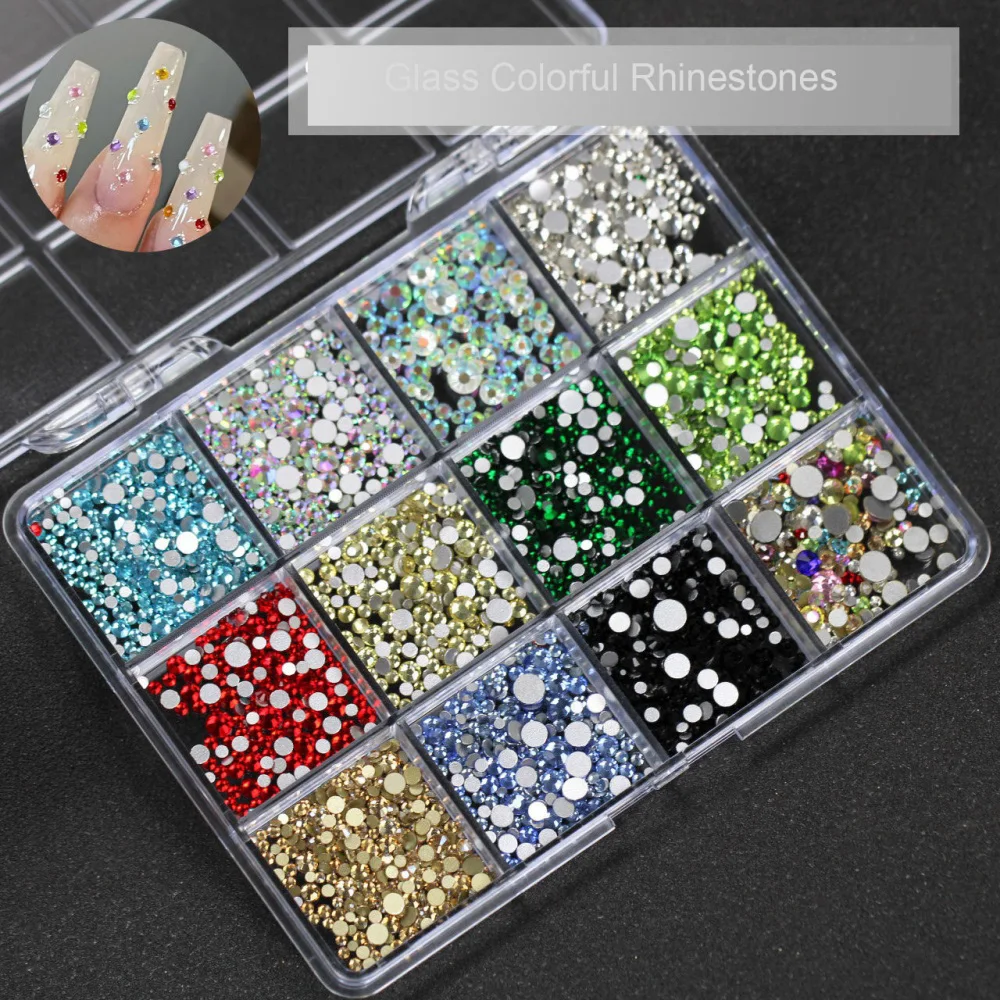 12 شبكة من أحجار الراين الملونة متعددة الأحجام لتزيين الأظافر، كريستال نصف دائري ثلاثي الأبعاد لامع، زخارف مسطحة للمانيكير
