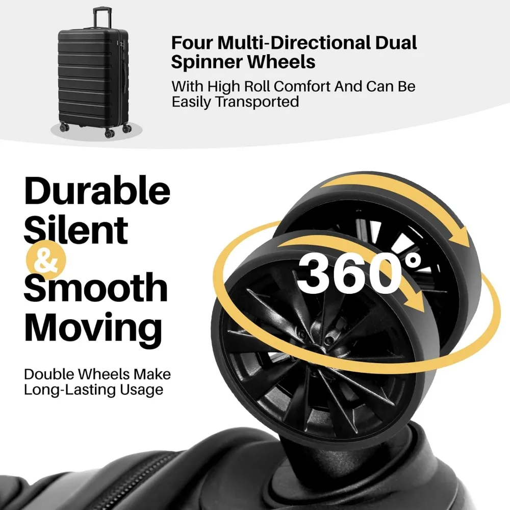 Lightweight ABS Hardside PC Luggage with USB Port, TSA Lock, Wheels, Large 28 Inch Black for Travel