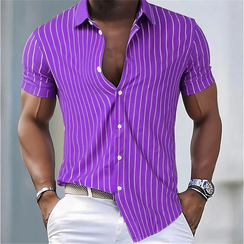 メンズシャツストライプスリムフィット半袖シャツ、通気性ラペルボタンファッションアロハシャツ、快適な生地XS-6XL