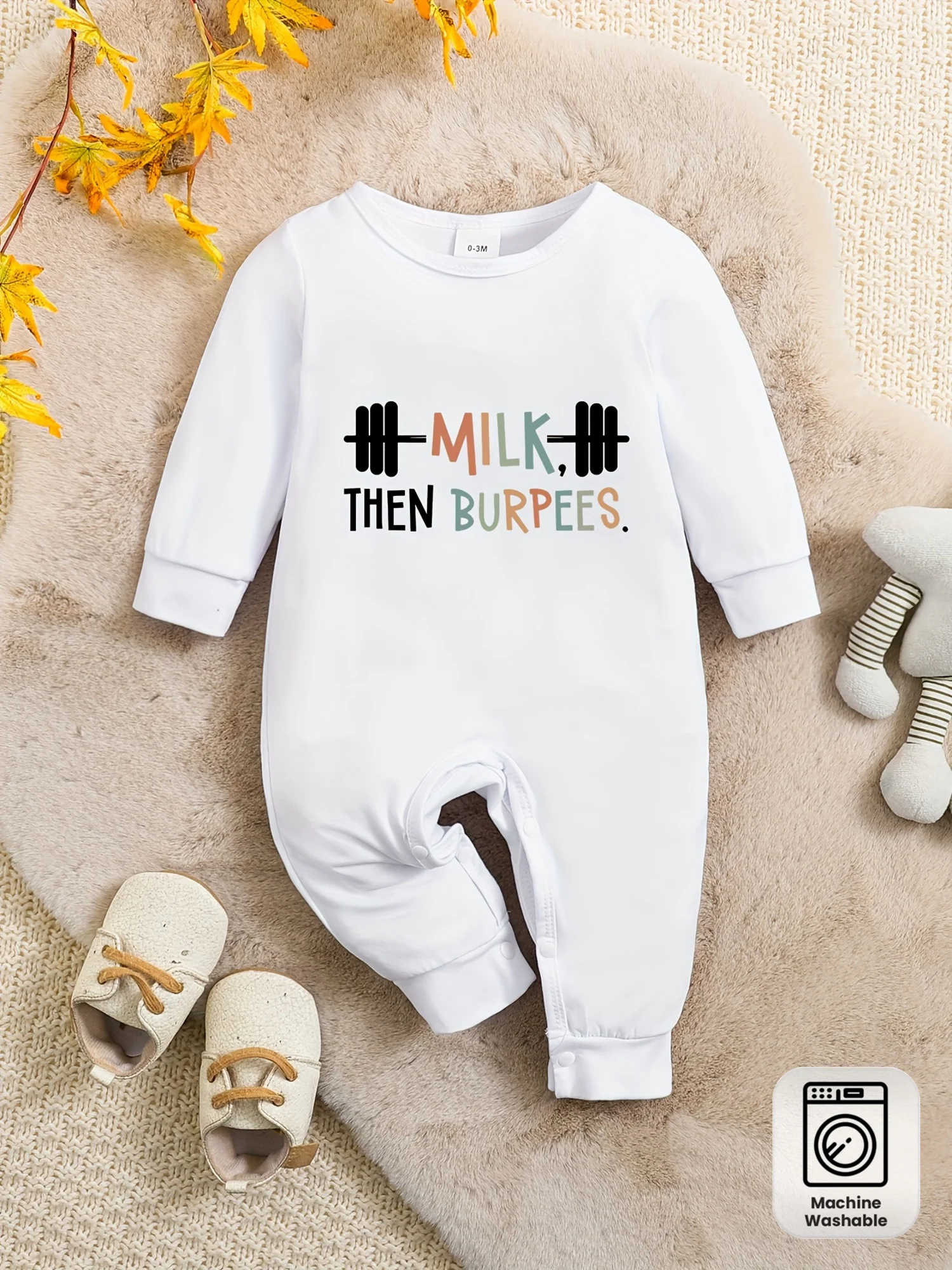 Baby 's Barbell Weightlifting Onesie - Gym-Themed Outfit with Barbell Print, All-Season Machine Washable Long Sleeve Romper for
