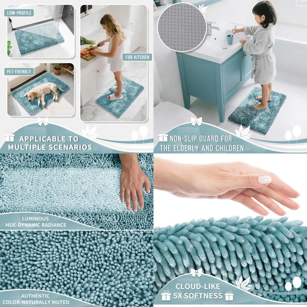 

70 x 24 Thick Chenille Bath Runner, Soft Absorbent, Non-Slip, Washable, Quick-Dry, Greyish Blue