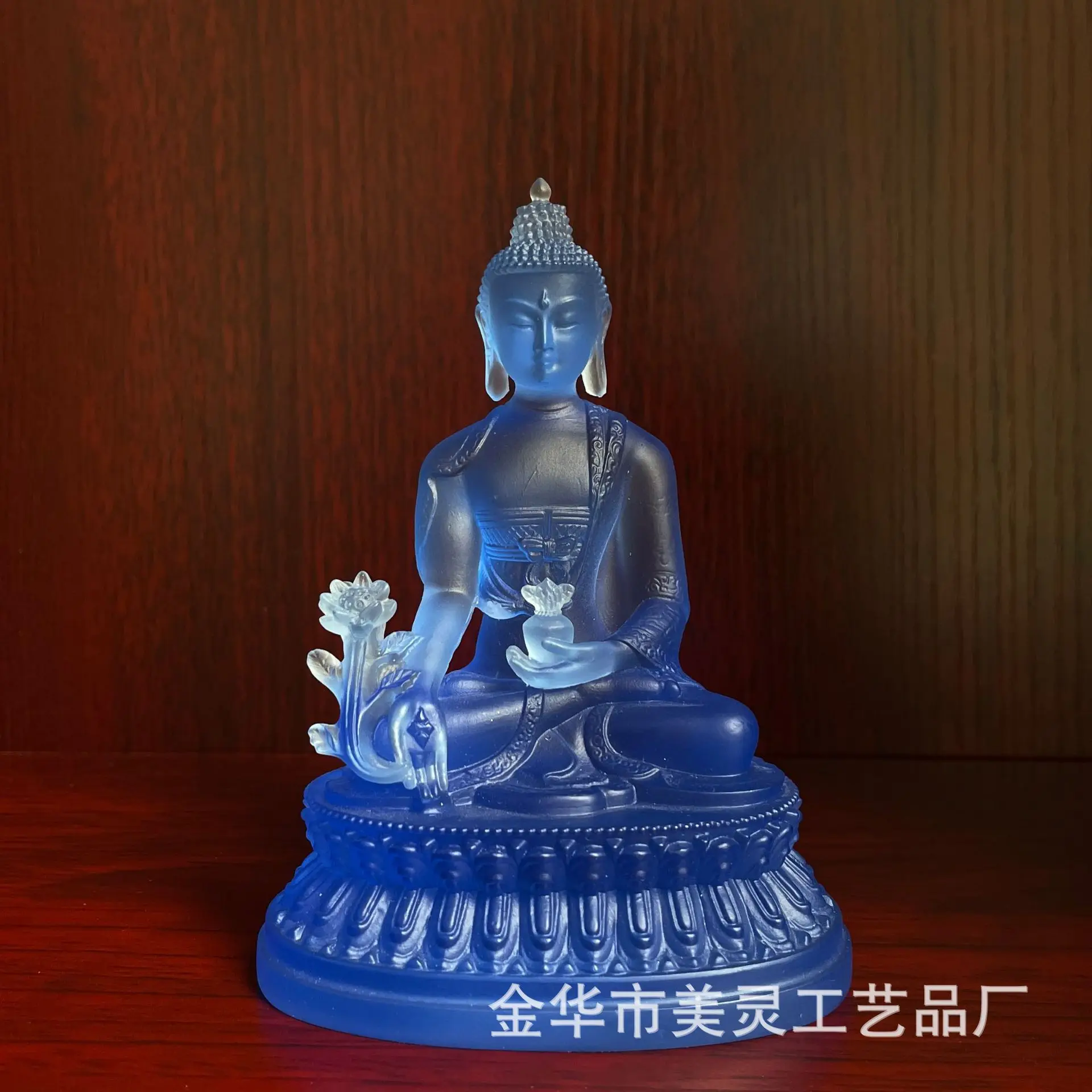 CZ Medicine Buddha Statue Home Temple Water Glazed Resin Craft Ornament Blue Tathagata Buddha