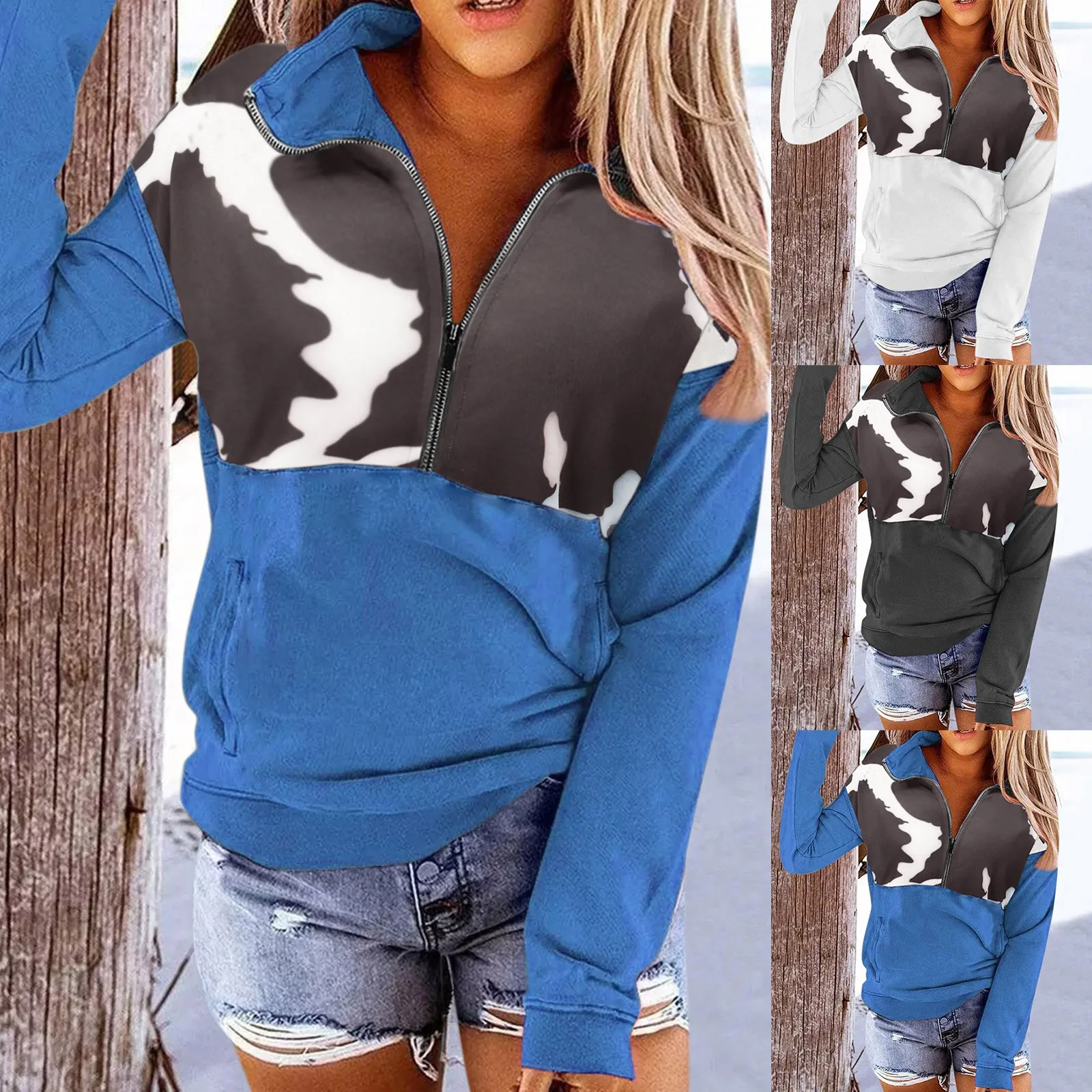 

Vintage Long Sleeve Hoodie Women Autumn Winter Pullover Zip Up Sweatshirt Streetwear 2024 New Fashion Cow Print Spliced Hoodies