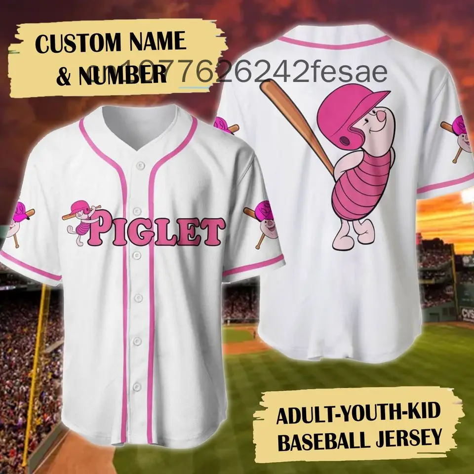 2024 New Disney baseball Shirt Cute Piglet Winnie The Pooh Pink Disney Baseball Jerseys For Men And Women And Kids