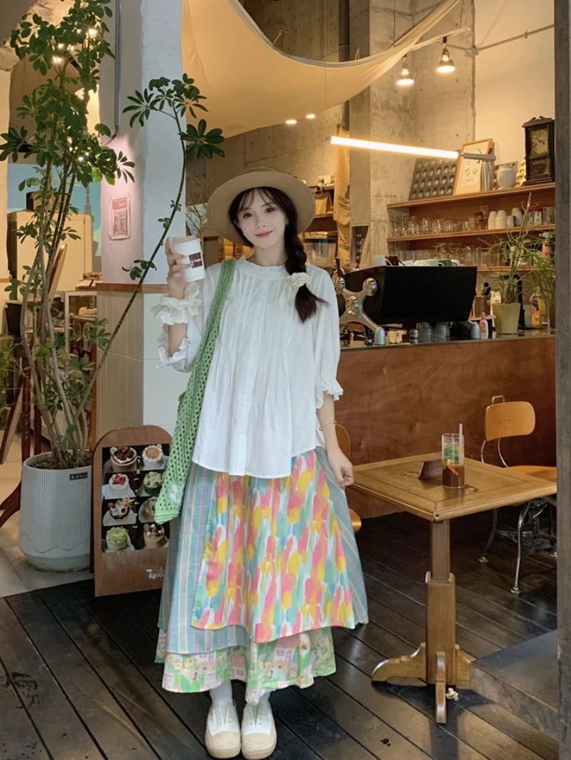 

Sweet Oversize Set Summer New Design Ruffle Hem Shirt Patchwork Skirt High Waist Irregular Hemline Fashionable plus Size Outfit